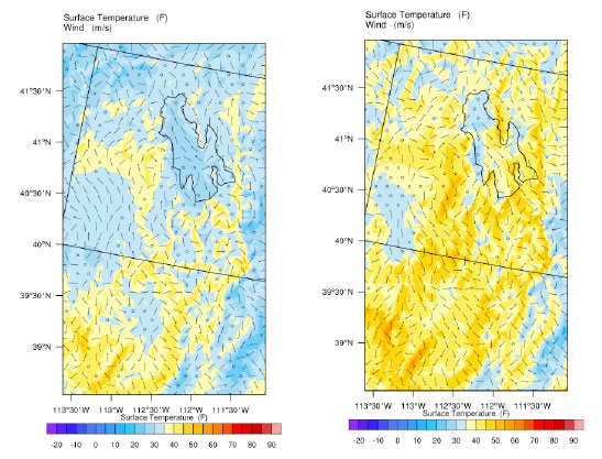 WRF-based Urban Canopy Model: Graphof Surface Temperature (F) Wind (m/s)