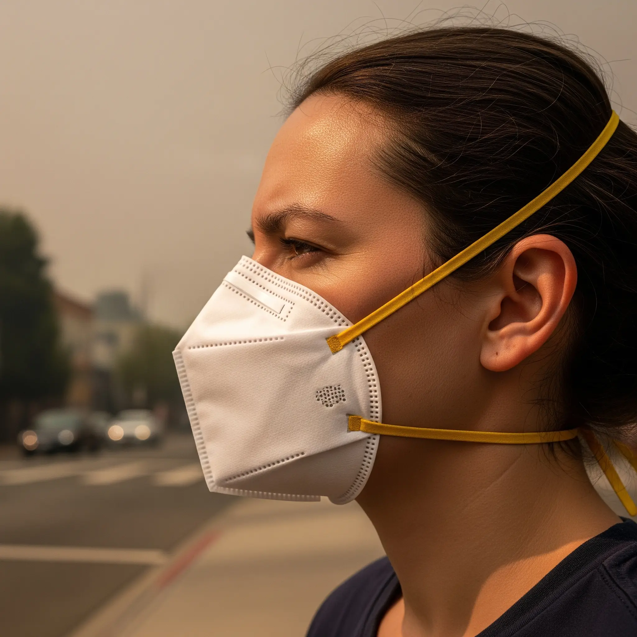 A woman wears an N95 respirator mask outdoors with a hazy, smoky sky in the background.