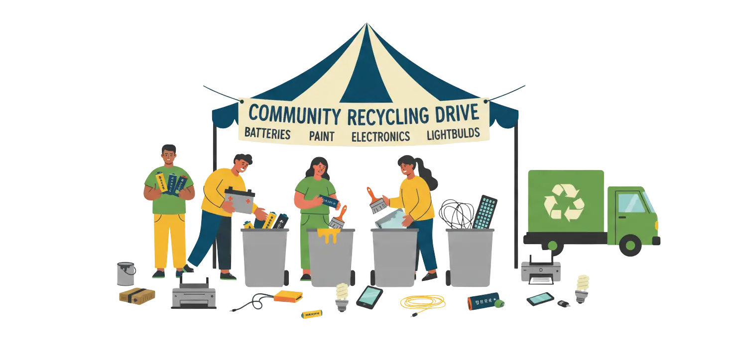An illustration of an outdoor event under a striped tent with a banner reading 'Community Recycling Drive: Batteries, Paint, Electronics, Lightbulbs.' Four people are actively sorting various hard-to-recycle items into gray bins, including car batteries, paint cans, and computer keyboards. Surrounding the group are piles of printers, CFL bulbs, cables, and mobile devices waiting to be loaded into a green recycling truck parked nearby.