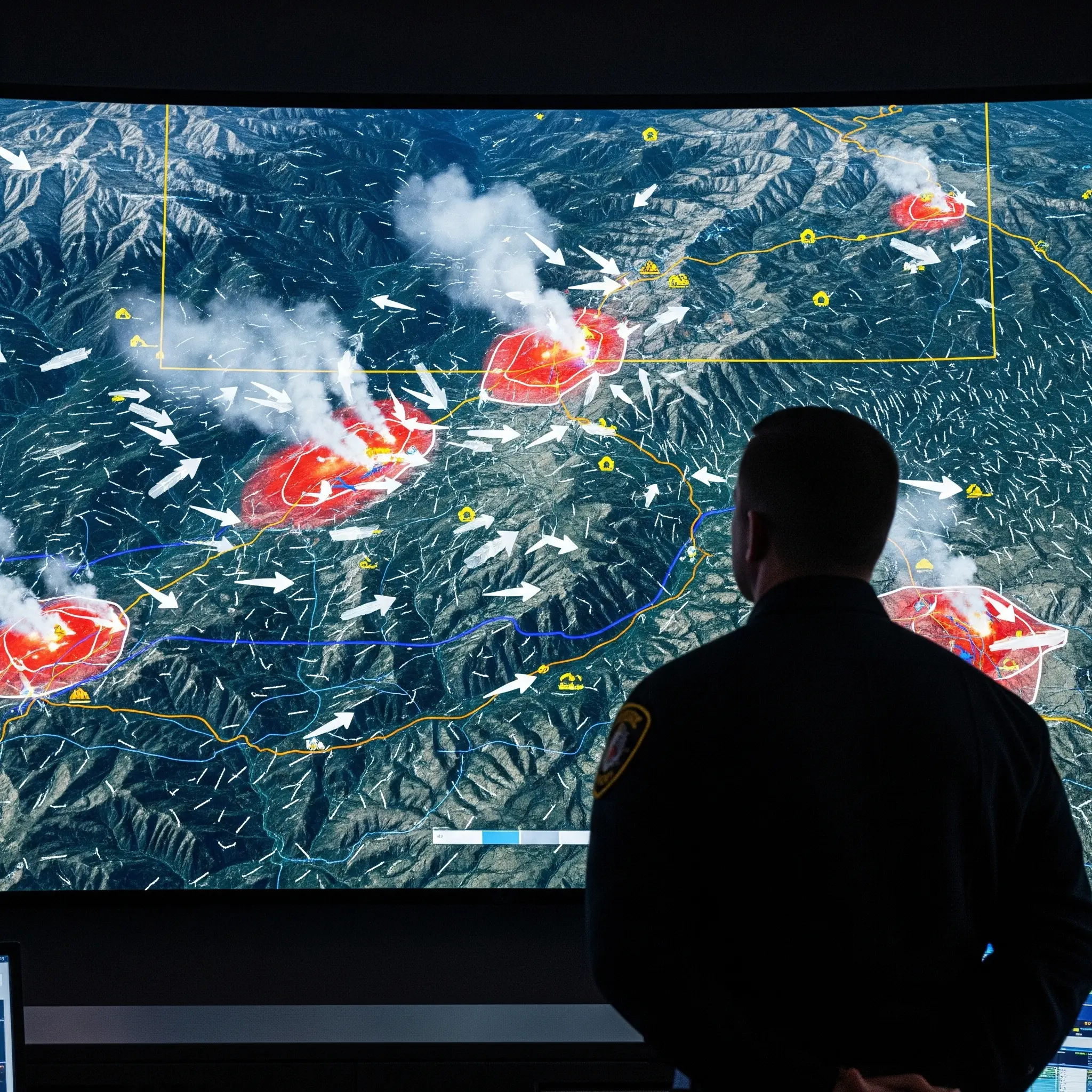 An emergency manager in a command center monitors active wildfires on a large digital map screen.