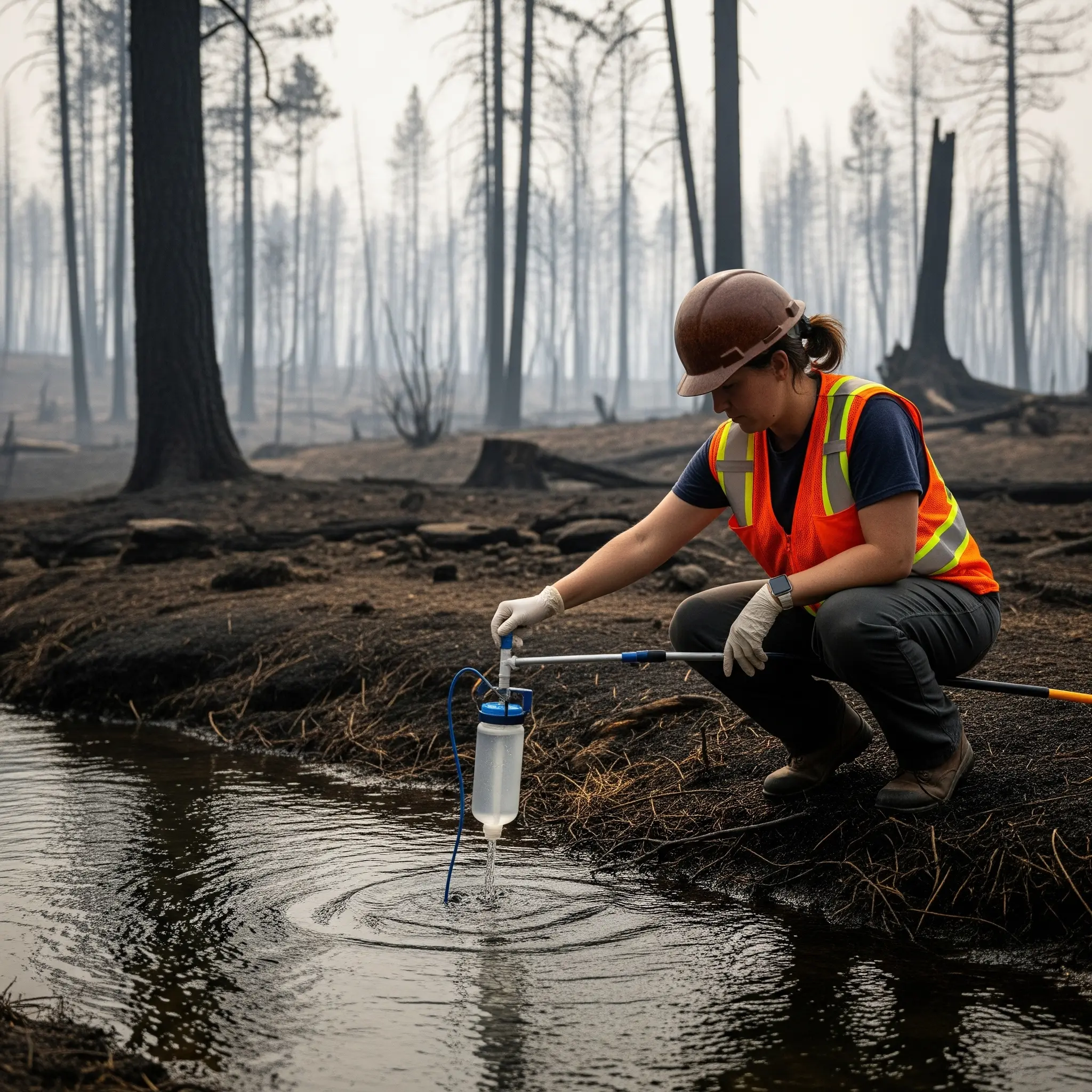A utility worker in a hard hat and safety vest collects a water sample from a stream in a forest that has been burned by a wildfire.