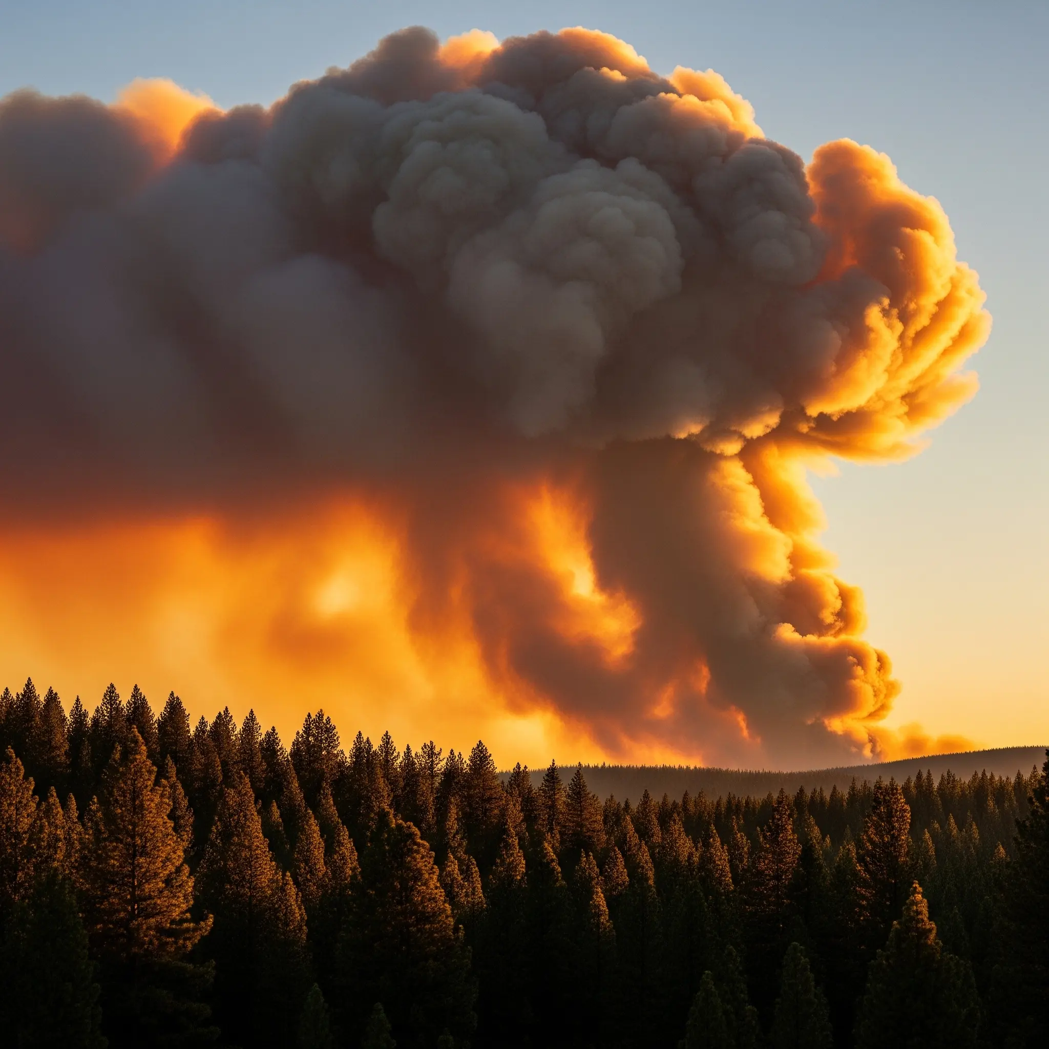 A massive plume of orange wildfire smoke rises above a forest treeline at sunset.