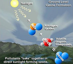 A diagram titled "Ground Level Ozone Formation" illustrates how pollutants create ozone. The diagram shows that sunlight combines with Nitrogen Oxides (NOx) and Volatile Organic Compounds (VOCs). A caption explains that these pollutants "bake" together in direct sunlight to form Ozone.