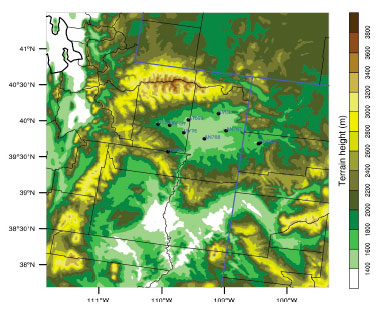 Image: WRF zoom-in of 1.33km-domain with black circles
indicating monitoring stations used for model performance evaluation