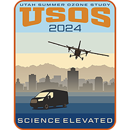 Graphic with a drone and a van set against the city skyline, everything a big dingy colored to denote bad air quality. The text says: Utah Summer Ozone Study USOS 2024, Science Elevated