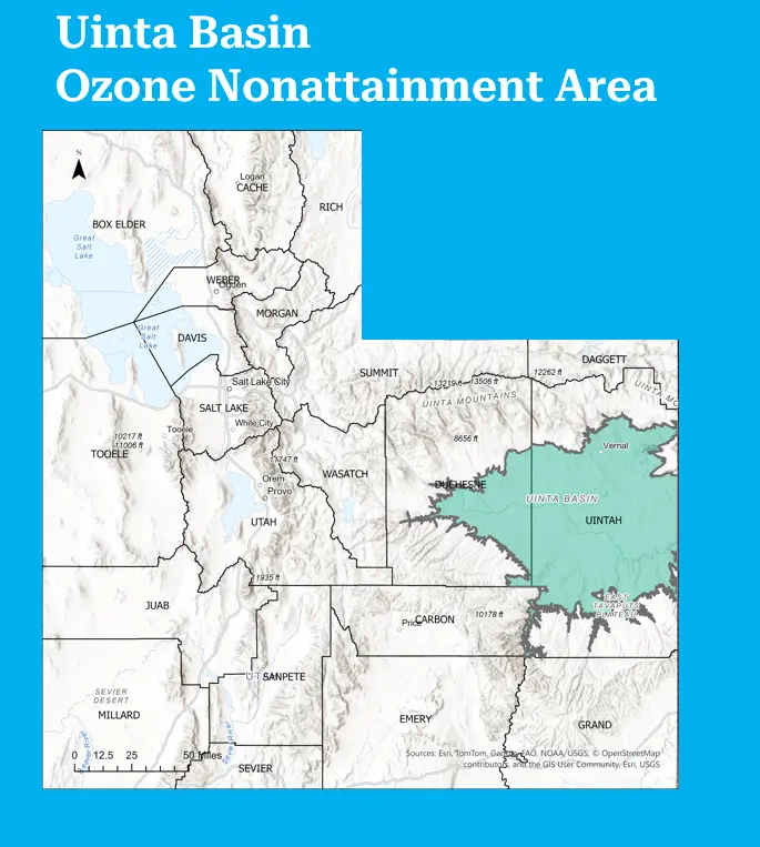 A map of Utah showing the Uinta Basin Ozone Nonattainment Area highlighted in green in the northeastern part of the state. The area covers portions of Uintah and Duchesne counties.
