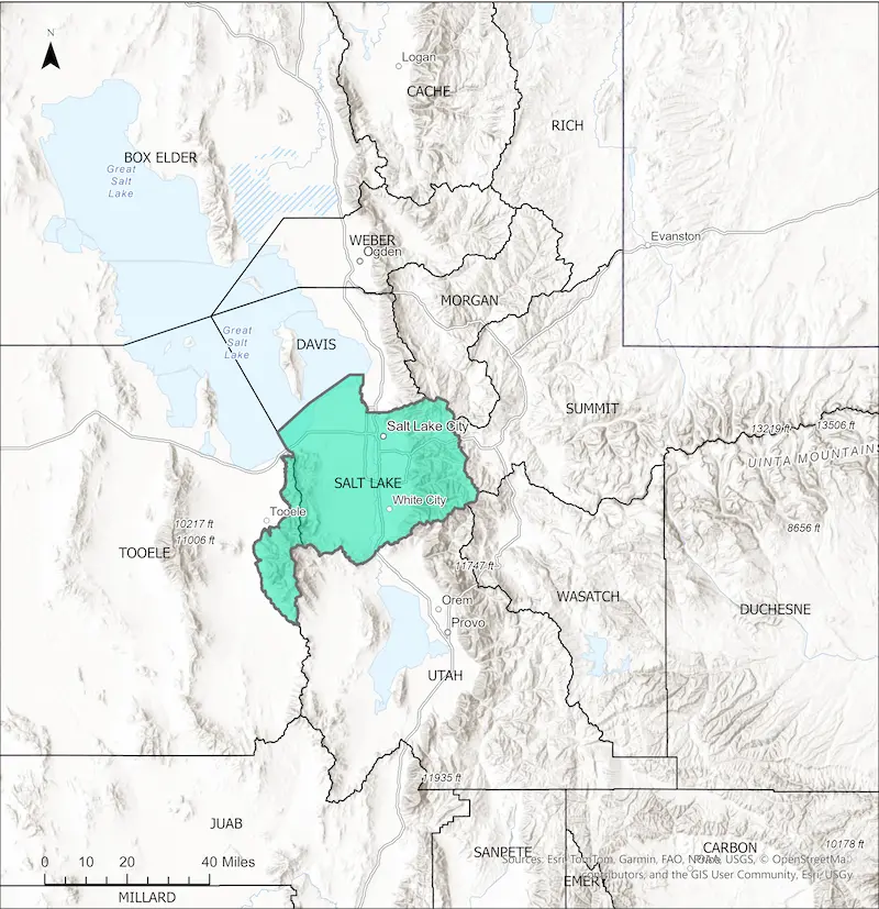 Map of Utah showing the 1971 SO2 Nonattainment Area, which includes Salt Lake County and parts of eastern Tooele County, highlighted in light green.
